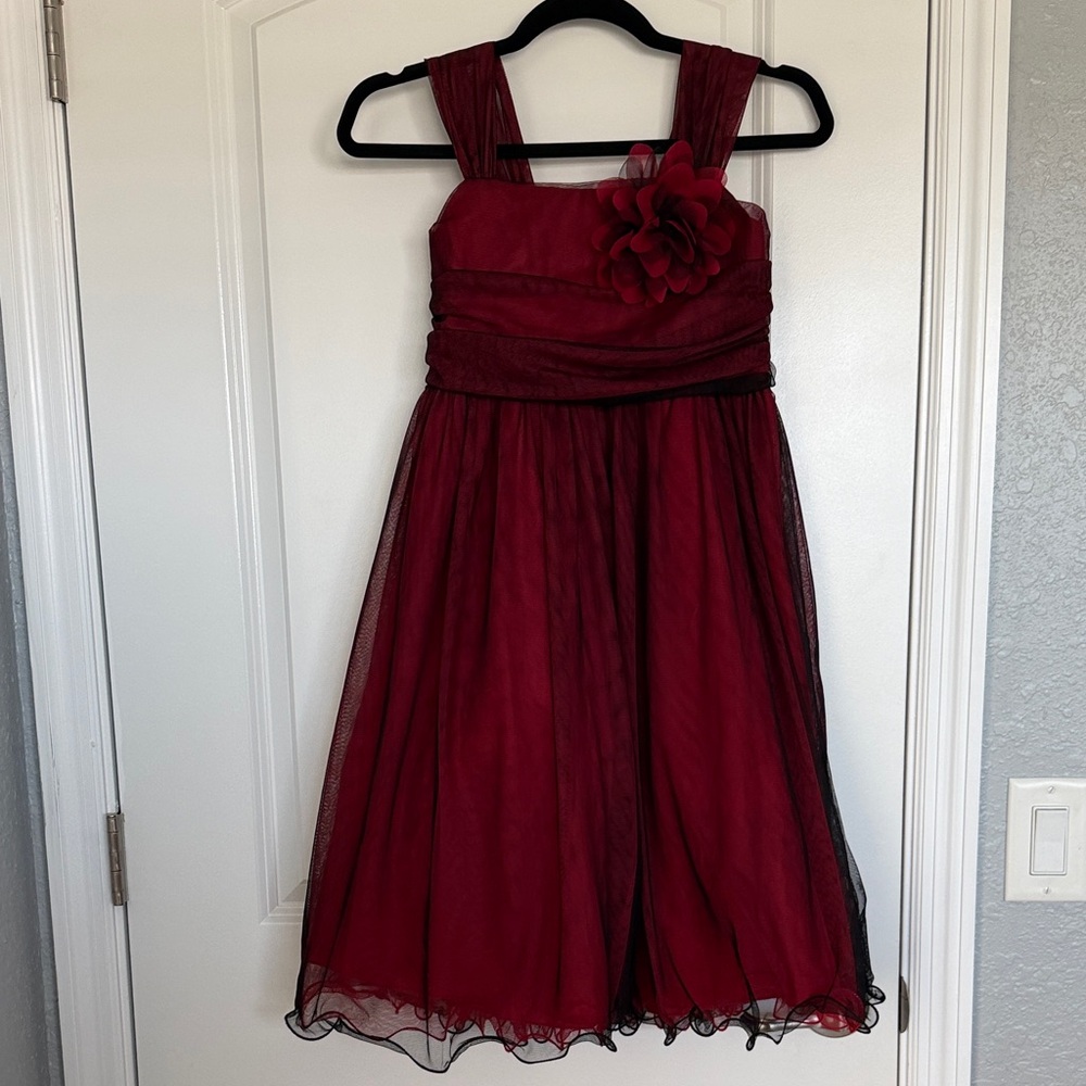 Girls Red & Black Flower-Accent Flower Girl/Party Dress